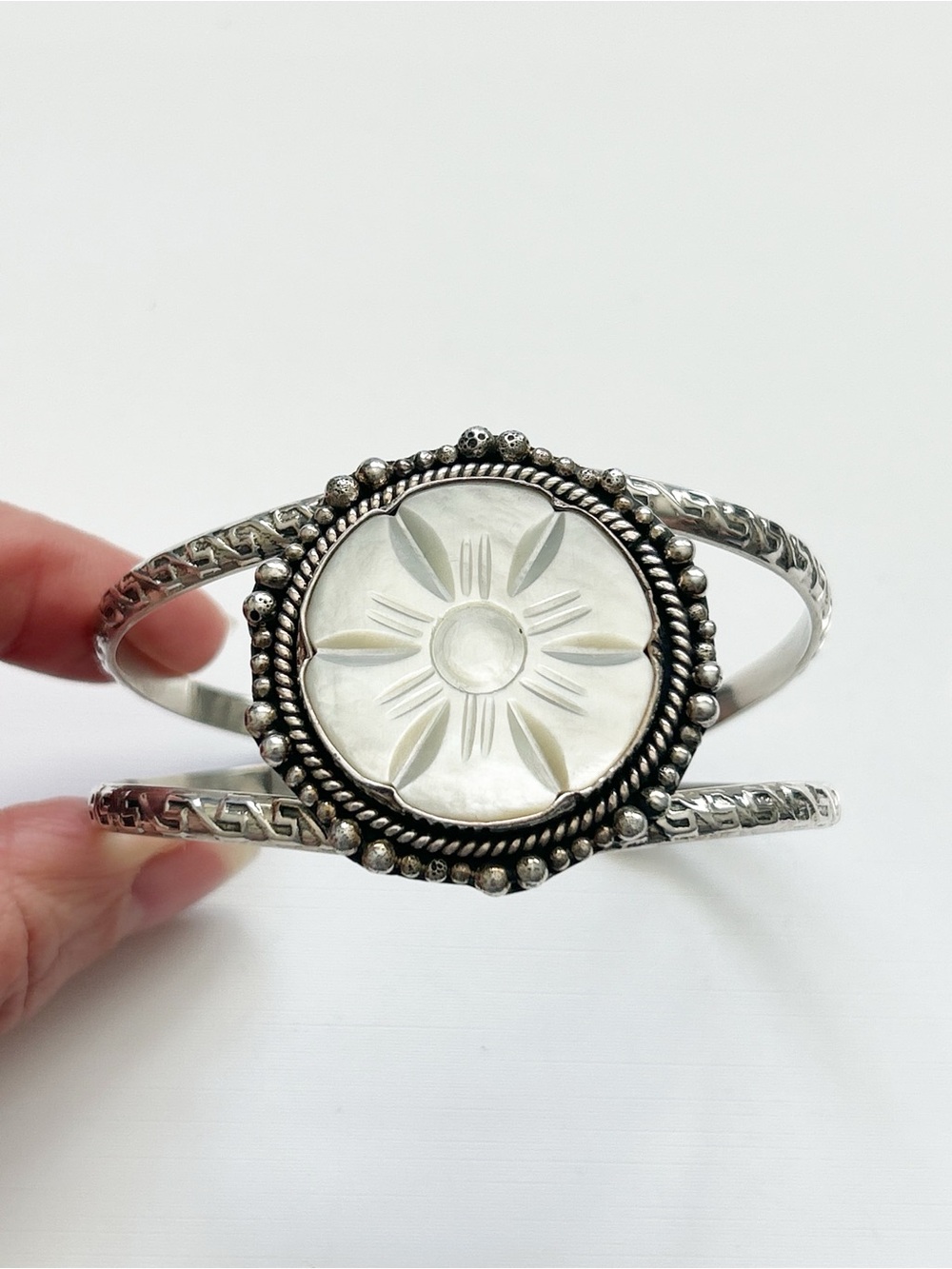 Tommy Conch Handcrafted Carved Mother of Pearl Sterling Silver Cuff Bracelet